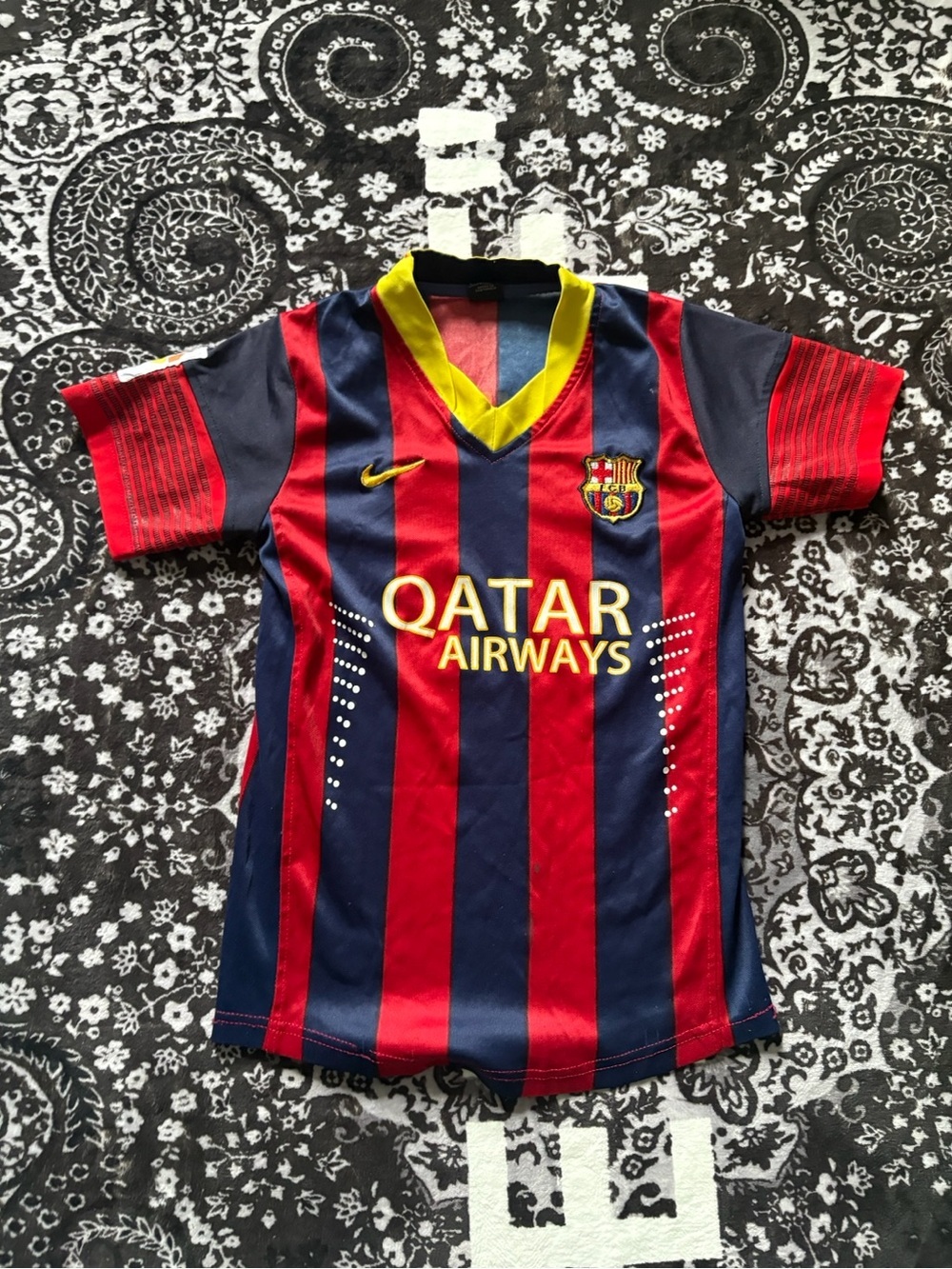 FC Barcelona Kids' Red & Navy Stripe Soccer Jersey - Qatar Airways Kids Size XS